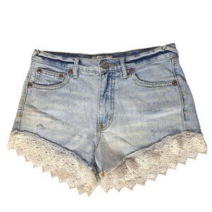 Free People Good Vibes Booty Jean Shorts Size 25 Blue Crochet Lace Distressed